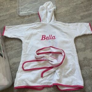 White Hooded Towel Robe with Pink Trim “Bella” NWT